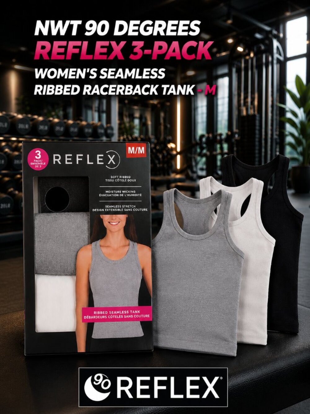 90 Degree Reflex 3 Pack Racerback Tanks Medium Seamless Ribbed NWT